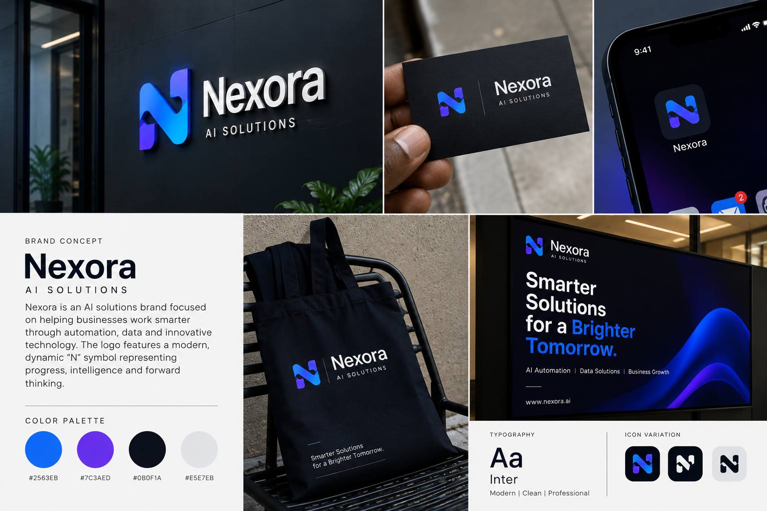 Nexora AI Solutions branding board with logo signage, business card, app icon, tote bag, display screen, colour palette and icon variations
