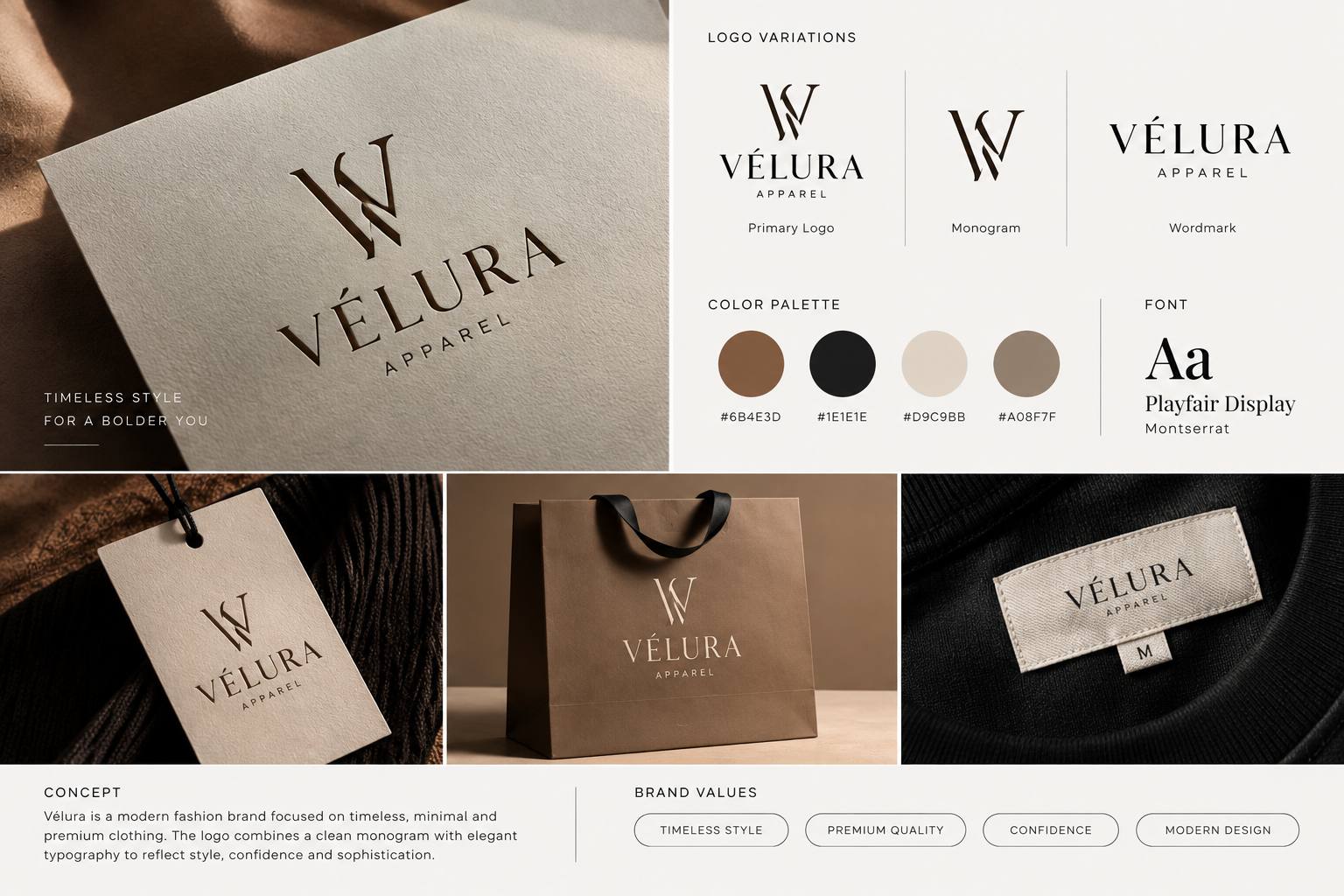 Vélura Apparel branding board with logo variations, colour palette, typography, hang tag, shopping bag and garment label