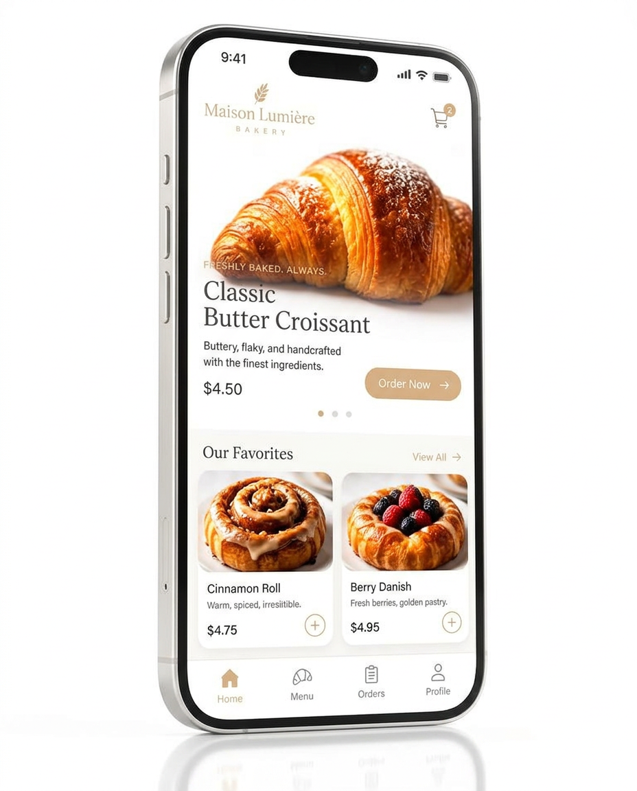 Concept: modern bakery ordering app designed by Aventra Digital