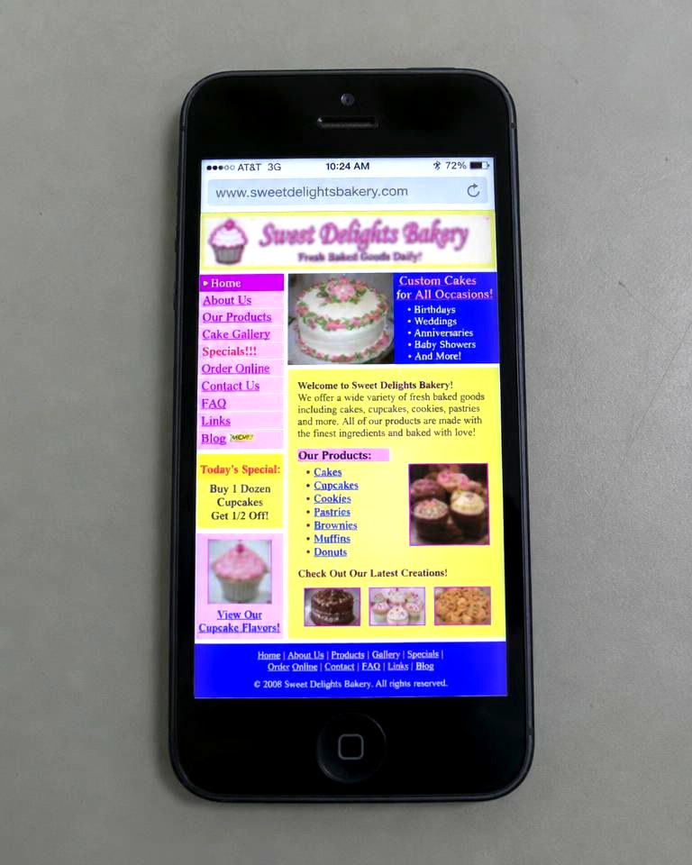 Concept: outdated, cluttered bakery mobile website