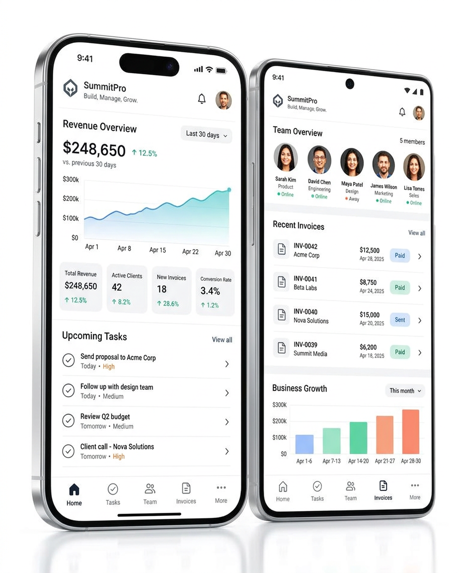 Business Management app concept shown on iPhone and Android