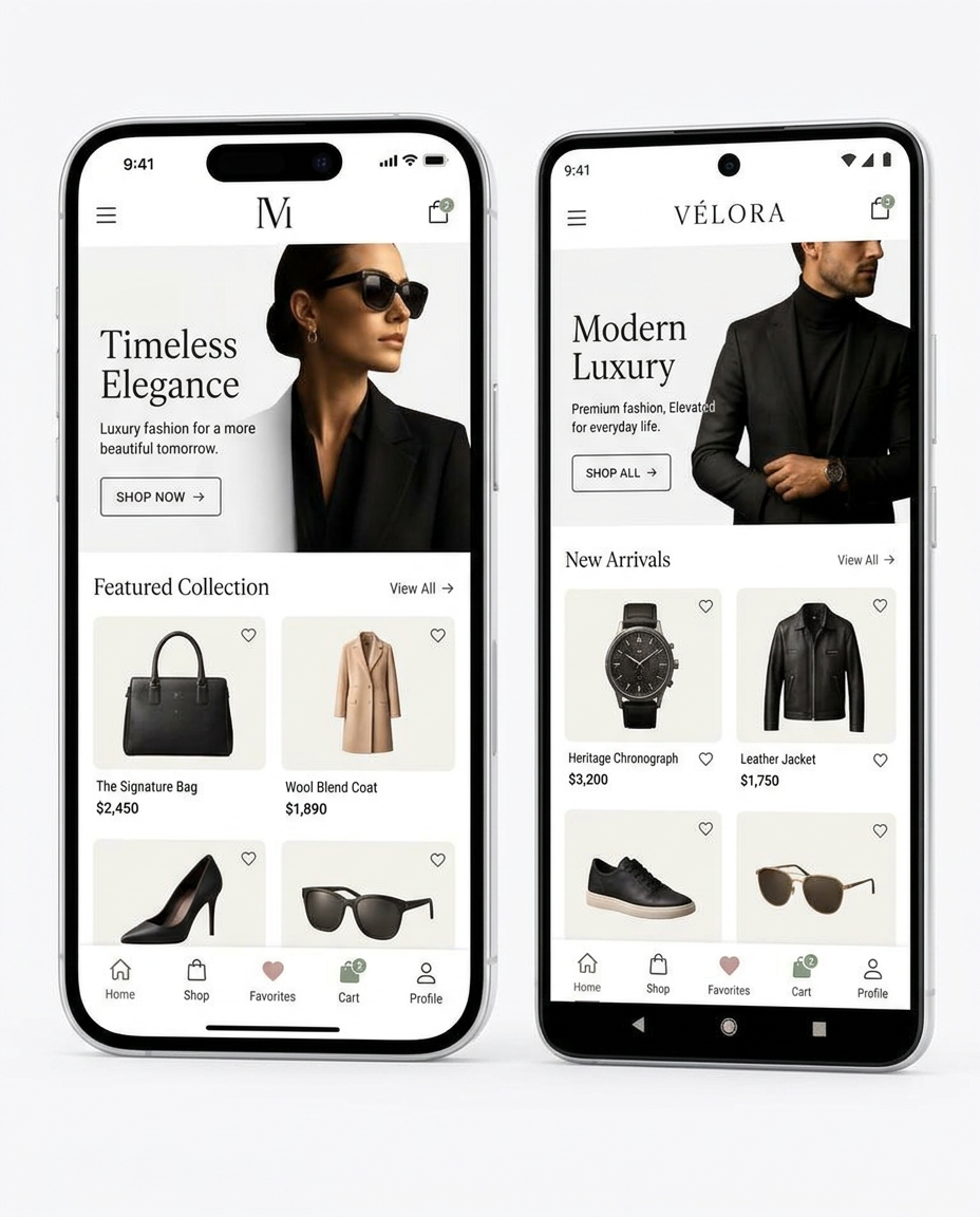 E-commerce & Shopping app concept shown on iPhone and Android