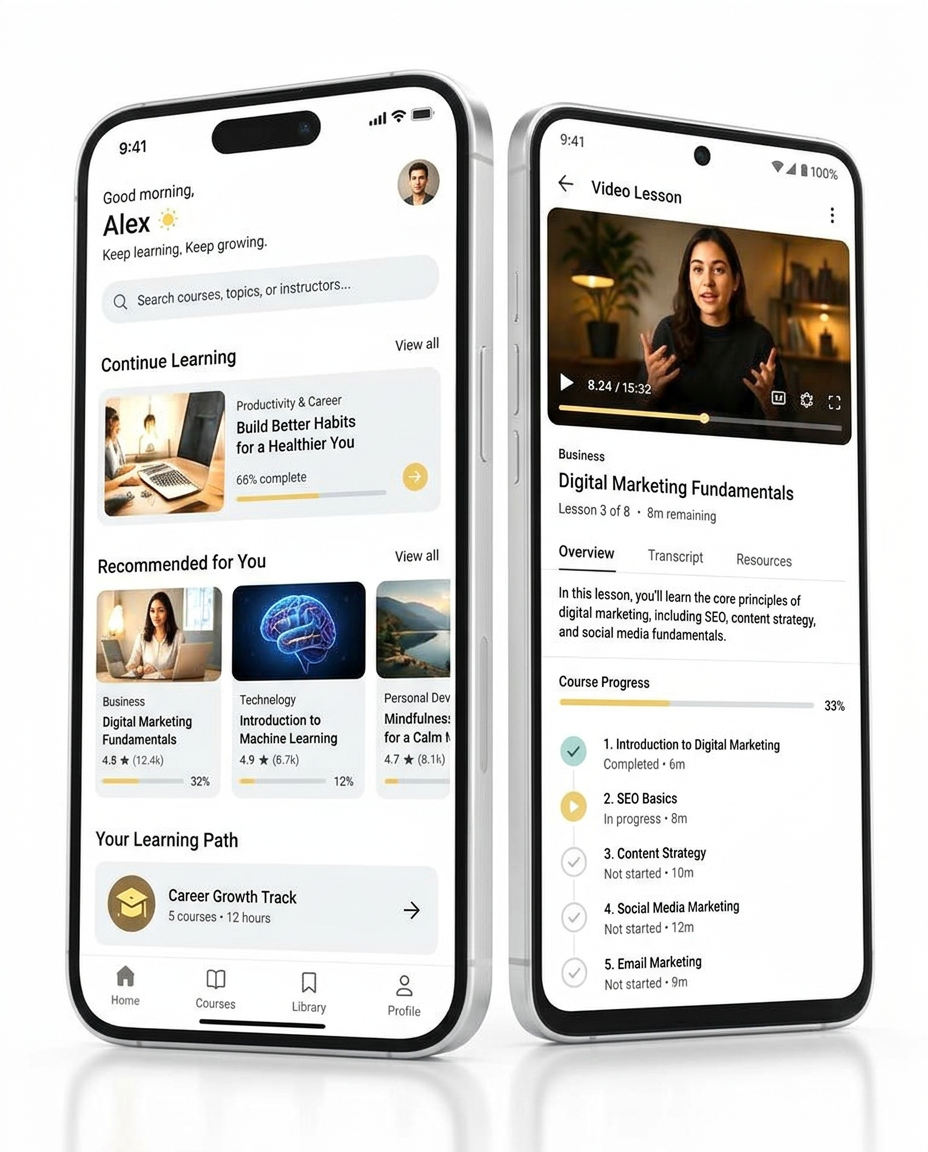 Education & Learning app concept shown on iPhone and Android