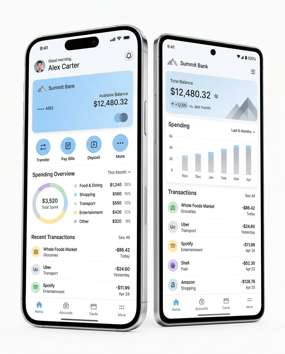 Fintech & Banking-style app concept shown on iPhone and Android