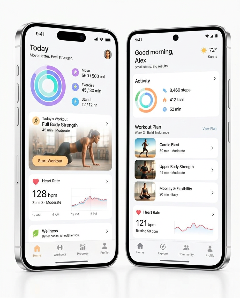 Fitness & Wellness app concept shown on iPhone and Android