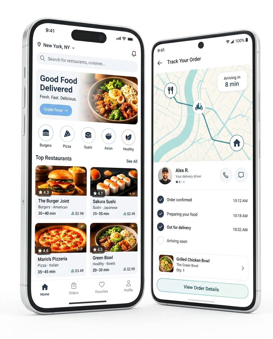 Food Delivery app concept shown on iPhone and Android