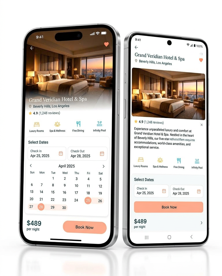 Hotel & Booking app concept shown on iPhone and Android