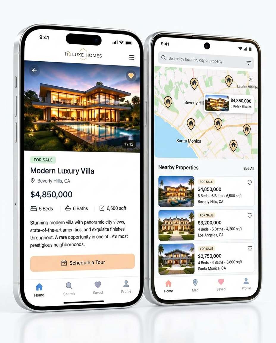 Real Estate app concept shown on iPhone and Android