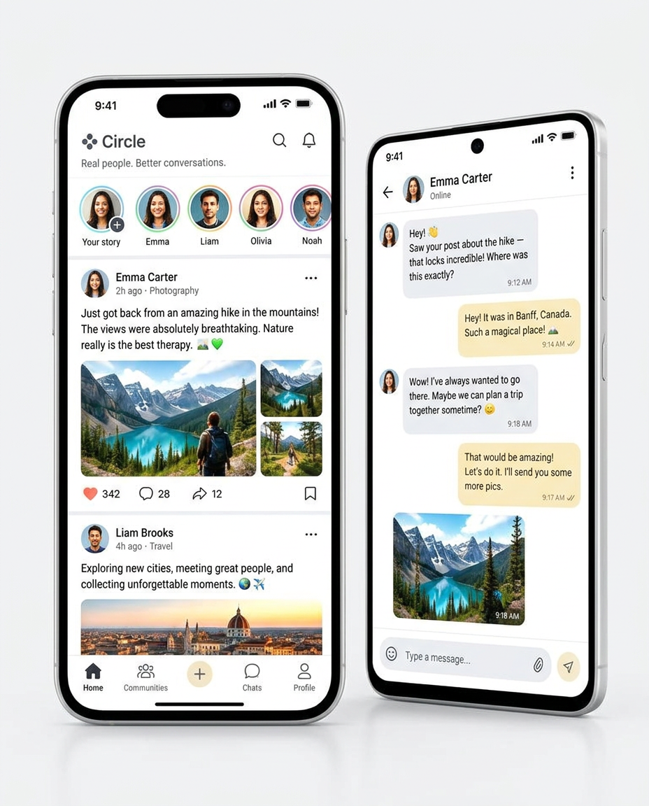 Social & Community app concept shown on iPhone and Android