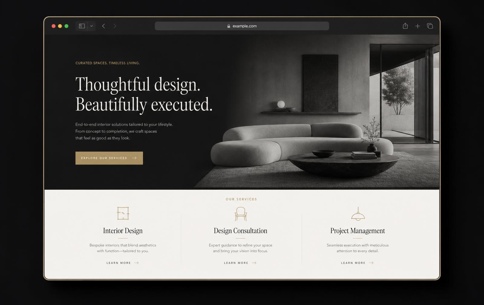 Mockup of a premium dark website with gold accents designed by Aventra Digital